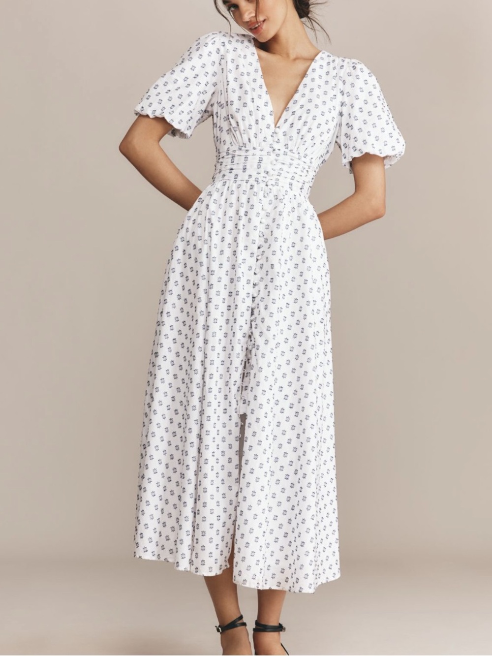 Anthropologie Katerina White Midi Dress with Navy Floral Print / Size Small P